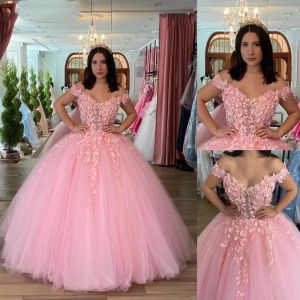 Vestidos de quinceañera rosados D Apliques de encaje floral Longitud del piso Fuera del hombro Correas de tul Por encargo Dulce Princesa Pageant Vestido de fiesta Vestidos