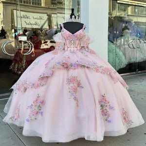 Robes De Quinceanera roses pour 16 ans, robe De bal Sexy, col en V, épaules dénudées, manches bouffantes, robe De soirée pour filles, robes De 15 ans, 2024