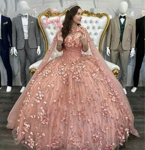 Robes de quinceanera rose paillettes en perles appliques florales 3D avec Cape Corset Back Tulle Custom Sweet 15 16 Princess Pageant Ball Verstidos