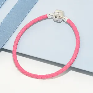 Pulsera con dijes de cuero real rosa para Pandora 925 Broche de plata esterlina Cadena de mano Joyas de diseñador para mujer Regalo de novia Pulseras de pareja con caja original