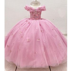 Rose brillant fleur filles robe épaule princesse robe de bal pour anniversaire dentelle cristaux perles arc vestidos para ninas