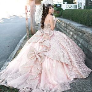 Robe de quinceanera rose robe de bal robe de bal paillettes dorées appliques perles de perle avec veste arc sweet 16 vestidos de xv 15 anos