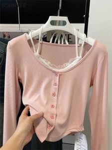 Pink T-shirts Women Slim Sweet College Fashion Korean Spring Soft Leisure Cropped Spliced Designed Arrival Daily Casual 240125