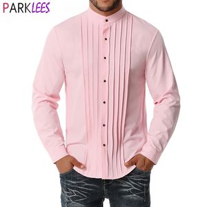 Chemise de smoking rose hommes mode col à bandes chemises habillées pour hommes fête de mariage dîner de bal formel élégant Camisa Masculina 2XL 210522