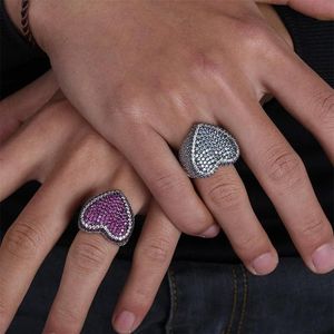 Pink White Cz Pave Paved Bling Out Heart Shape Men Mujeres Rings White Gold Color Big Wide Hip Hop Ring Jewely Size 7-11 Band1858