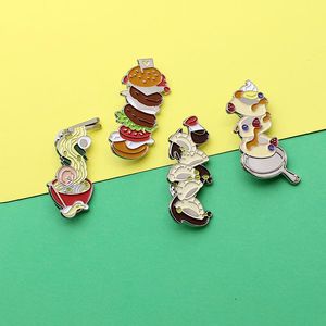 Alfileres, broches 4 estilos de comida deliciosa broche esmaltado bolas de masa hervida Pasta al horno cebollín panqueque hamburguesa Pin de solapa insignia de joyería gourmet