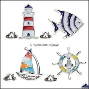 Alfileres Broches Joyas Faro europeo Navegación Timón Forma de pez Dibujos animados Serie Ocean Barco Aleación Marinero Pin de solapa para viaje unisex Beac