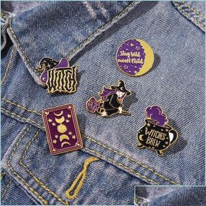 Pins Broches Pins European Magic World Sorcière Chapeau Géométrique Cercle Rond Rose Revers Unisexe Alliage Émail Lune Soleil Étoile Caillot Goutte Del Dh8Zo