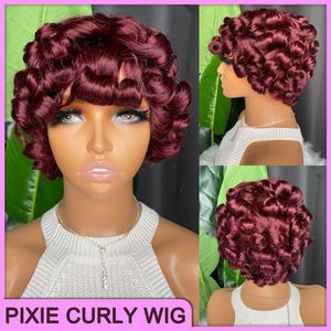 Corte Pixie Rizado corto Bob Bang peluca vino rojo 100% Remy cabello humano crudo onda suelta brasileño indio para mujeres negras