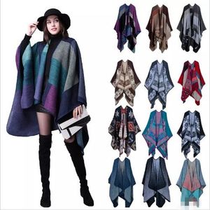 Plaid Poncho Mujeres Vintage Moda Bufanda Floral Wrap Knit Cashmere Bufandas Lady Winter Cape Shawl Cardigan Mantas Capa Abrigo Suéter A3023