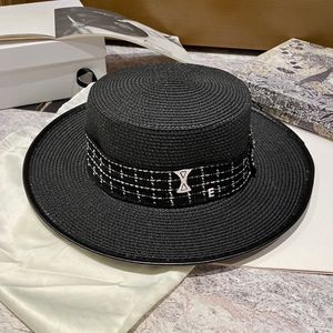 Chapeaux à large bord à ruban à carreaux avec bord noir femmes lettre géométrie motif chapeaux de paille femme haut plat plage pare-soleil chapeaux