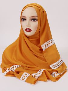 Foulard Hijab en mousseline de soie de couleur unie avec dentelle blanche, couvre-chef islamique pour femmes musulmanes, foulards de cheveux