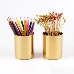 Planteurs Pots 400 ml Nordic Lrass Gold Vase Vase en acier inoxydable Cylindre Porte-stylo pour les organisateurs de bureau et stand MTI Utilisez le crayon Dhjro