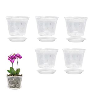 Lot de 5 pots d'orchidées transparents avec soucoupes pour contrôle des racines Pot de maille clair pour orchidée ABS Racine Respirant Conteneur de croissance 230508