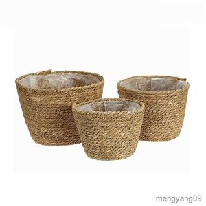 Macetas Macetas Tejido de paja Flor Maceta Cesta Maceta de hierba Cesta Interior Exterior Maceta Cubierta Contenedores para decoración plantable R230620