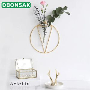 Macetas para colgar en la pared, florero geométrico de hierro forjado, florero de hierro chapado en oro, florero de mesa, maceta, decoración de boda para el hogar