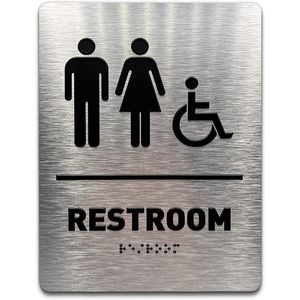 Panneau de salle de bain personnalisé accessible aux handicapés tactile en braille New ADA unisexe pour fauteuil roulant, toilettes, porte murale, panneau de restaurant pour entreprise, 20,3 cm de haut x 15,2 cm de large.