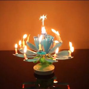 Velas musicales de plástico de doble capa, 14 velas giratorias de loto, feliz cumpleaños, música, niños, fiesta del día de nacimiento, flor espumosa, adorno de pastel de loto ZL0660