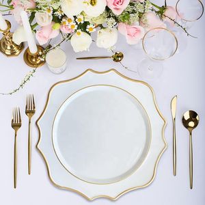 Assiettes 12 pièces, ensemble de chargeur blanc, bord en plastique doré, décoration élégante pour fête de mariage, Restaurant, dîner, événement