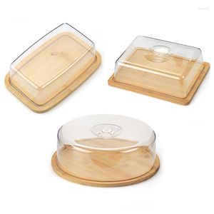 Platos 1 Uds. Plato de mantequilla de bambú con tapa de plástico transparente, servidor de queso, bandeja para servir pan vegetal en rodajas, plato para carne