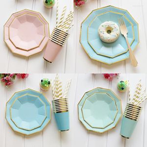 Assiettes 24 pièces/ensemble vaisselle jetable ensemble vert rose bleu régulier décagone papier assiette tasses pour mariage fête d'anniversaire pique-nique fournitures