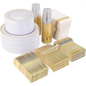 Service de vaisselle doré, 700 pièces, 200 assiettes en plastique, 300 couverts jetables, 100 tasses, 100 serviettes en papier, vaisselle