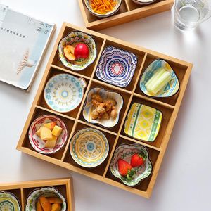 Assiettes en céramique, neuf plateaux à grille carrée, vaisselle de Table divisée, Sauce spéciale, plat d'accompagnement pour fruits, plateau en bois de bambou pour