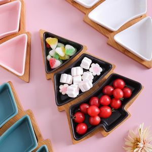 Assiettes Creative Mixed Color Christmas Tree Céramique Snack Plate Avec Bamboo X-Mas Shaped Dessert Fruit Candy