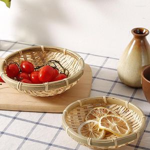 Platos hechos a mano, tamiz de bambú, caja de almacenamiento redonda tejida de mimbre, plato para pan, plato para pastel de fruta, bandeja para servir la cena