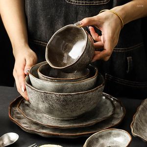 Plates Japanese Ceramic Irregular Stone Grain Rice Noodle Salad Bowl Retro Dinner Plate Dessert Steak Pasta Dishes Kitchen Tableware