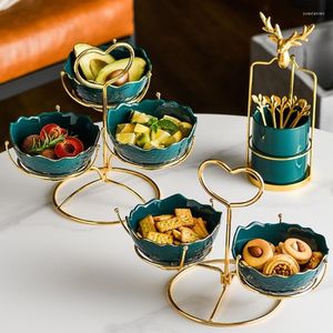 Assiettes assiette de fruits en céramique nordique cadre en métal maison moderne salon Table basse créative multi-couche Snack Rack