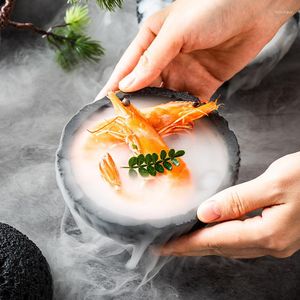 Assiettes Planète Bol Cuisine Moléculaire Créativité Imitez La Fumée Ronde Tasse Vaisselle Noire Sur Feu Boule De Pierre Assiette