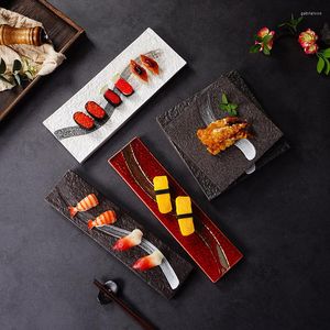 Platos patrón de piedra snack plato restaurante de la vajilla de cerámica de cerámica retro rectangular plato plano sashimi bandeja de comedor de salmón