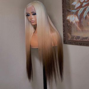 Rubio platino recto 13X4 encaje Frontal brasileño peluca de cabello humano sin pegamento Ombre Color marrón cuerpo ondulado pelucas frontales para mujeres
