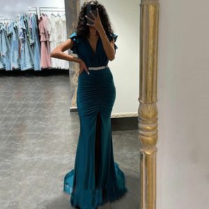 Vestidos De graduación De sirena plisados, cuello en V, mangas casquillo, Vestidos De noche, Dubai, árabe, Arabia Saudita, volantes plisados, Vestidos De Gala