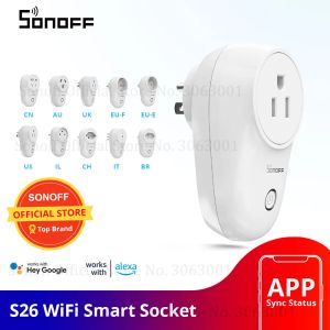 Plugs Sonoff S26 WiFi Power Socket US / UK / CN / AU / EU / IL / CH / IT / BR Smart Sockets Wireless Switch App Remote Controly Pild pour Smart Home