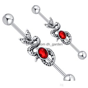 Tapones Túneles 14G Serpiente de acero inoxidable con gema roja Cz Barra industrial Piercing Barbell Pendiente Moda Joyería del cuerpo Pirci Dhgarden Dhca5