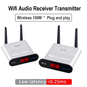 Enchufes receptor de transmisor de audio inalámbrico WiFi 100m Distancia de larga distancia Latency Adapter 3.5 Aux y RCA AV Etiquete y reproduce WR380