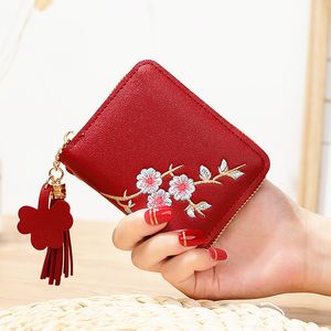 Portefeuille brodé prune Style chinois femmes fermeture éclair courte dames petite pochette porte-carte en cuir solide femme porte-monnaie portefeuille