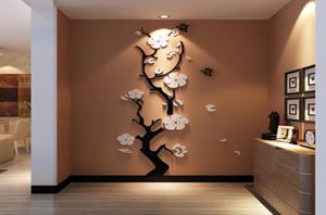 Fleur de prune 3D Miroir en acrylique Autocollants de chambre chambre Diy Art décor de mur de salon