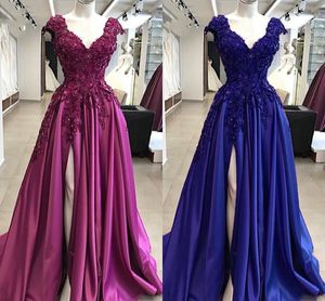 Plus la taille 3D Appliques florales robes de bal avec fente col en V satin manches douce 16 robe robes de soirée robe d'occasion spéciale pour les filles