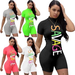 Tallas grandes 3X 4XL Pantalones cortos de verano para mujer Monos ajustados de manga corta de color sólido Monos deportivos negros Monos con letras informales 3468