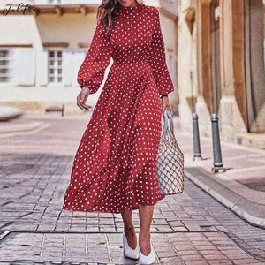 Plus Taille 5XL Polka Dot Print Femmes Robe Automne Lady Puff Sleeve Hight Taille Big Swing O-Cou Robe Rouge Robes Femme Vêtements 210325