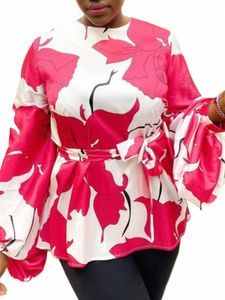 Tallas grandes 5XL VONDA Blusa de oficina para mujer Manga LG Camisas estampadas florales bohemias Otoño con cinturón Túnica informal Tops Blusas I4zo #