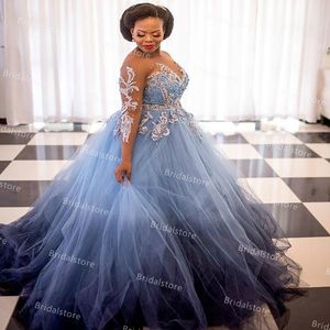 Plus Size African Blue Wedding Dresses With Rhinestone Crystal Illusion Long Sleeve Bohemian Beach Bridal Gowns 2021 A Line Tulle Gothic Bride Dress