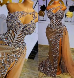 Más el tamaño árabe Aso Ebi Gold Lujoso sirena Vestidos de baile Cristales con cuentas Noche Fiesta formal Segunda recepción Cumpleaños Vestidos de compromiso Vestidos