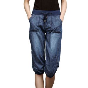 Plus Size Black Denim Jeans Women's Summer Harem Pants Light Washed Loose Cotton Casual Calf-Length Blue Pantalons Femmes 3XL 4XL 211129