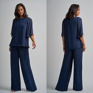 Costumes de pantalon bleu grande taille Robes de mère de mariée tenue deux pièces robe de vêtement tenue de soirée pas cher costumes de pantalon à manches mi-longues pour le mariage