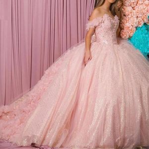 Robe de bal à rougir plus blush rose quinceanera robes perlées de l'épaule en tulle pailled 15 16 robe xv Party Wear