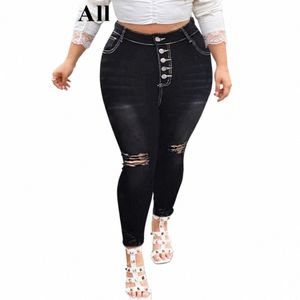 Plus Size Butt Up Sexy Ripped Hole Crayon Jeans 4XL Femmes Casual Stretchy Skinny Black Denim Pansts v3Rh #